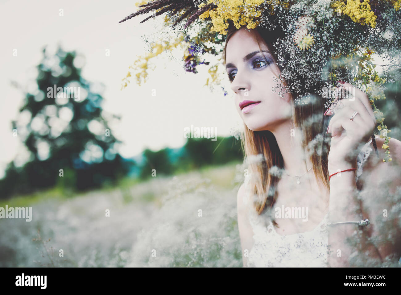A girl in a wreath of field flowers Stock Photo - Alamy