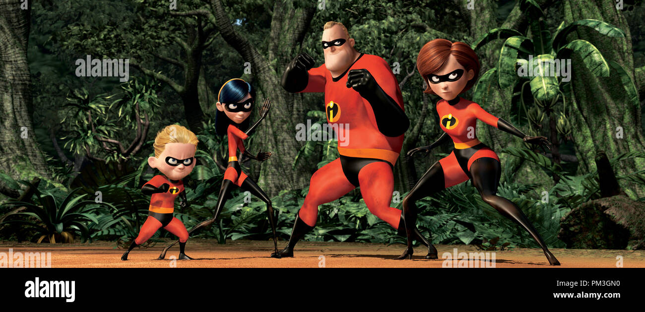 Film Still from 'The Incredibles'  Dashiel 'Dash' Parr, Violett Parr, Mr. Incredible, Elastigirl © 2004 Walt Disney Pictures  Pixar Animation Studios  File Reference # 30735566THA  For Editorial Use Only -  All Rights Reserved Stock Photo