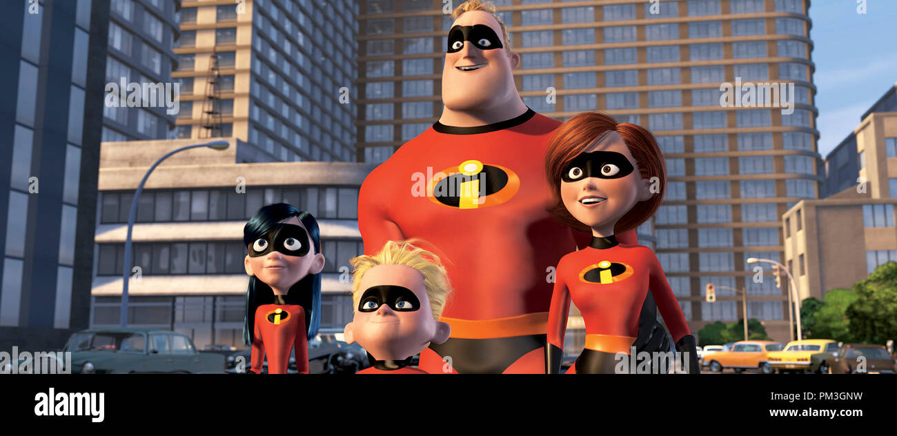 Film Still from 'The Incredibles'  Violett Parr, Dashiel 'Dash' Parr, Mr. Incredible, Elastigirl © 2004 Walt Disney Pictures  Pixar Animation Studios  File Reference # 30735584THA  For Editorial Use Only -  All Rights Reserved Stock Photo