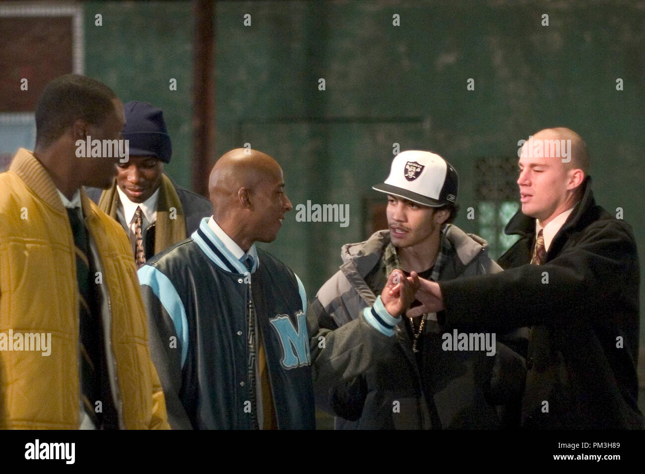 Film Still from 'Coach Carter' (front row, left to right) Rob Brown, Antwon Tanner, Rick Gonzalez, Channing Tatum (behind, left) Nana Gbewonyo © 2004 Paramount Pictures Photo Credit: Tracy Bennett  File Reference # 30735946THA  For Editorial Use Only -  All Rights Reserved Stock Photo