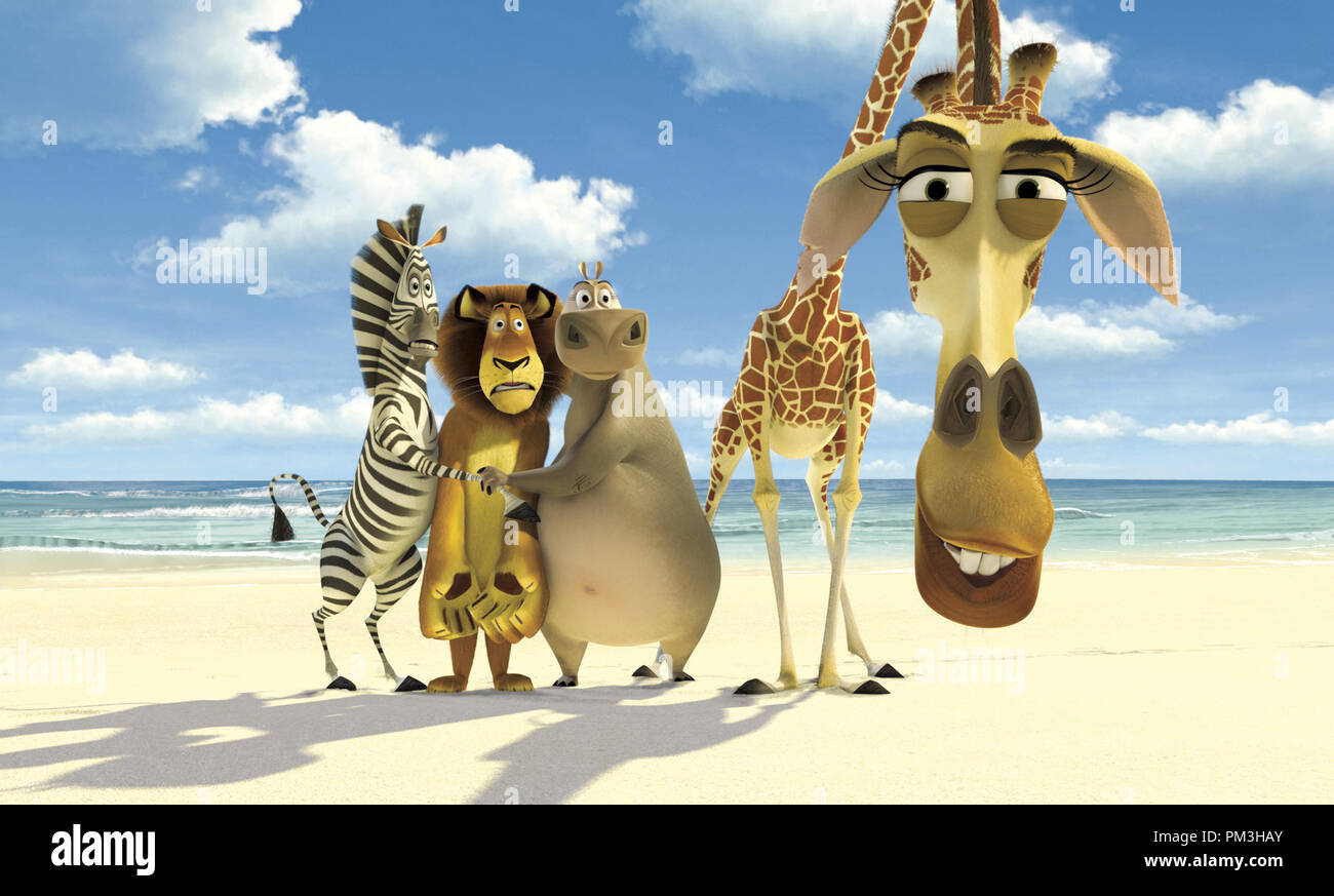 Film Still / Publicity Still from 'Madagascar' Marty the Zebra, Alex the Lion, Gloria the Hippo, Melman the Giraffe © 2005 Dream Works Photo courtesy Dream Works Animation SKG   File Reference # 30736019THA  For Editorial Use Only -  All Rights Reserved Stock Photo