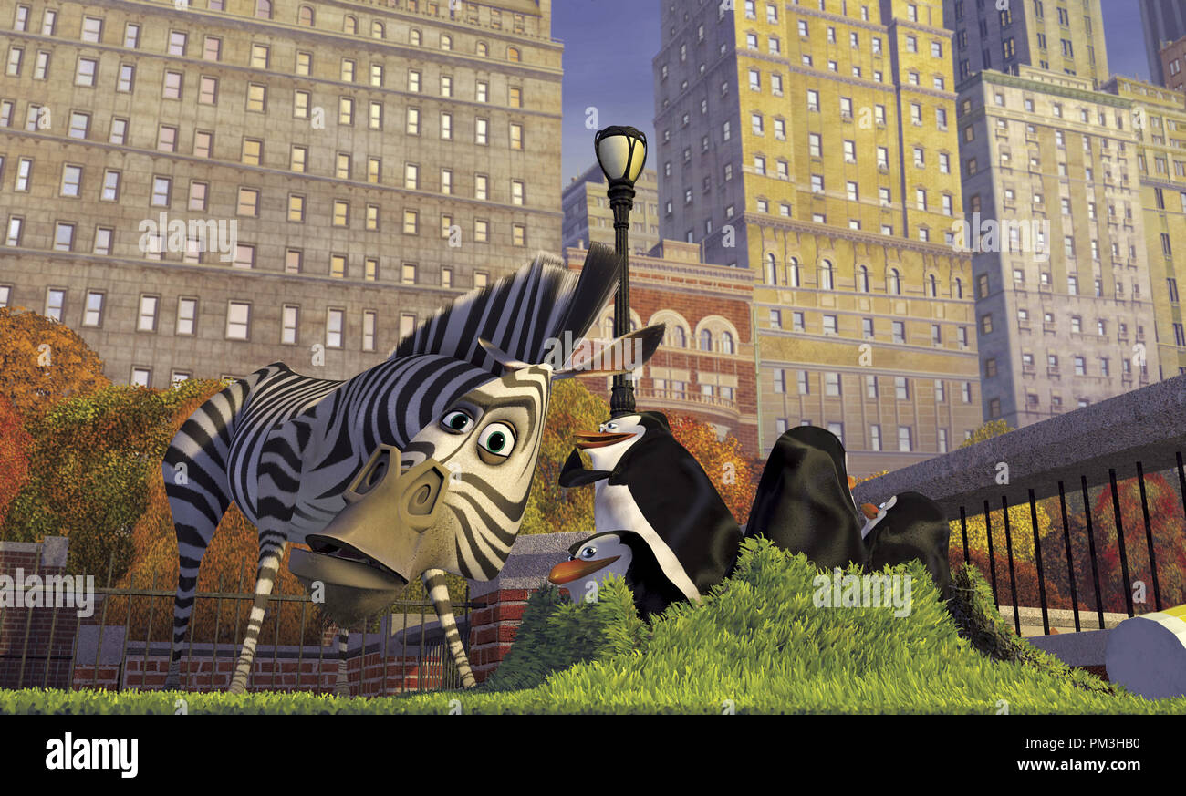 Film Still / Publicity Still from 'Madagascar' The plotting penguins confide in Marty the Zebra © 2005 Dream Works Photo courtesy Dream Works Animation SKG   File Reference # 30736020THA  For Editorial Use Only -  All Rights Reserved Stock Photo