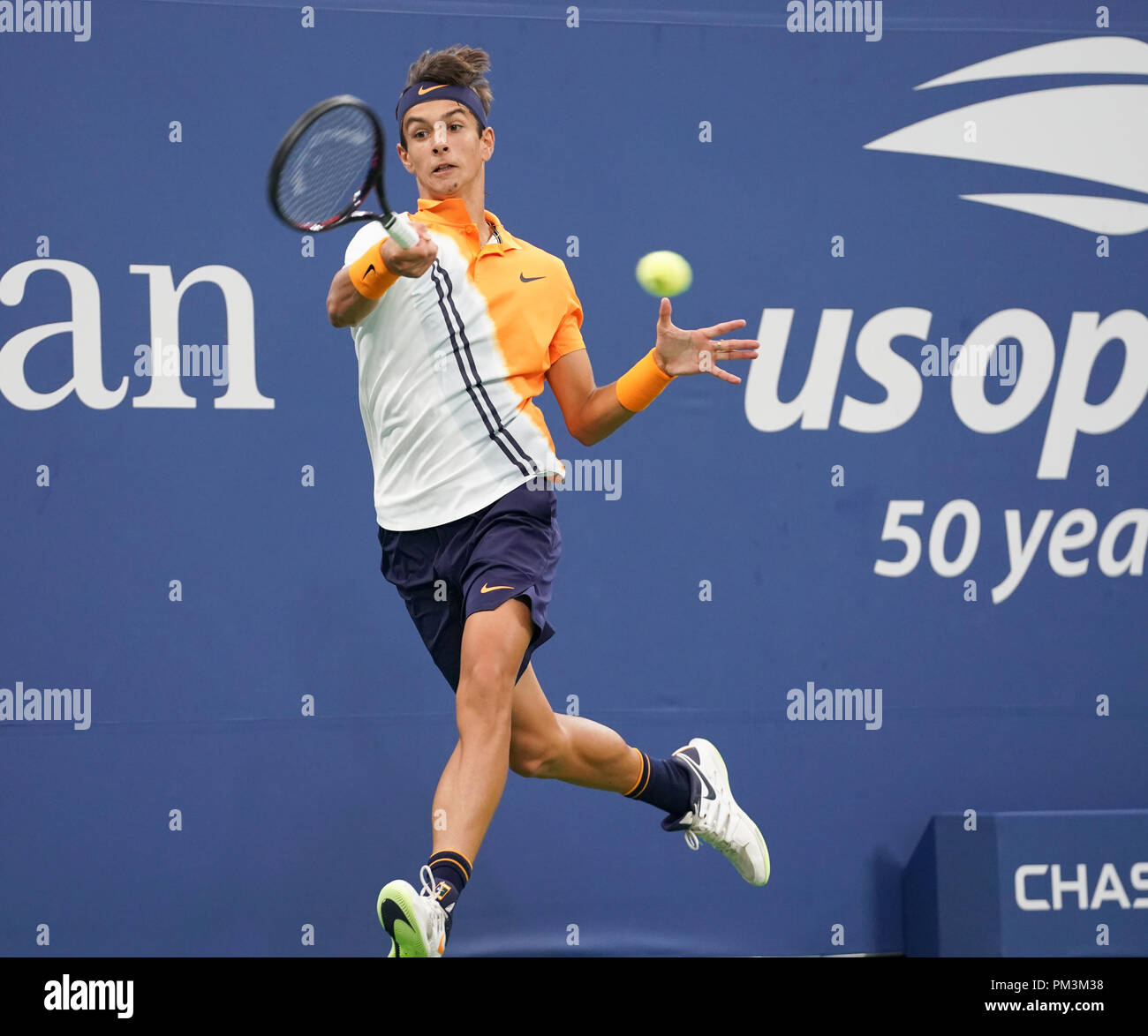 New York, NY - September 9, 2018: Lorenzo Musetti of Italy returns ball  during US Open 2018