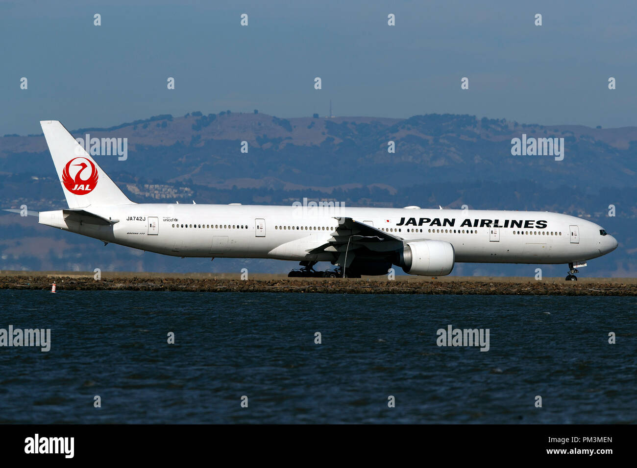 Boeing 777-346(ER) (JA742J) operated by Japan Airlines taxiing San Francisco International Airport (KSFO), San Francisco, California, United States of America Stock Photo