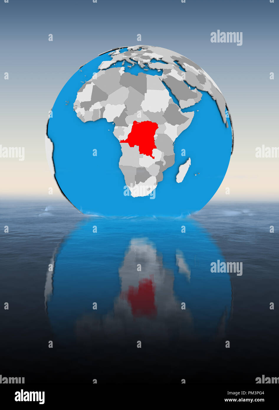 Democratic Republic of Congo on globe floating in water. 3D ...