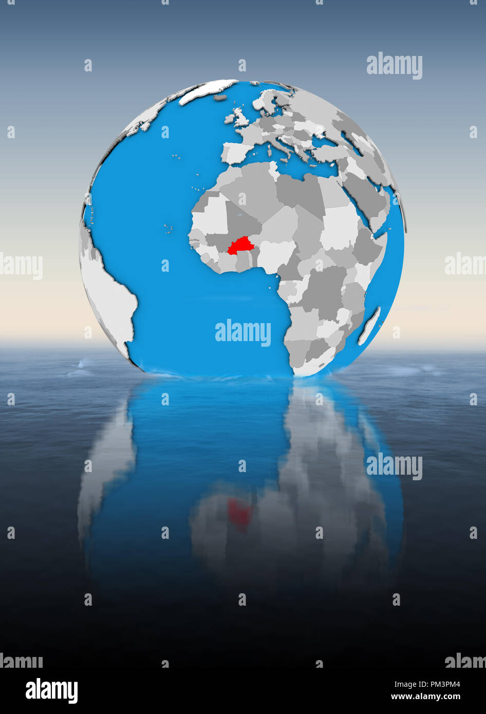 Burkina Faso on globe floating in water. 3D illustration Stock Photo