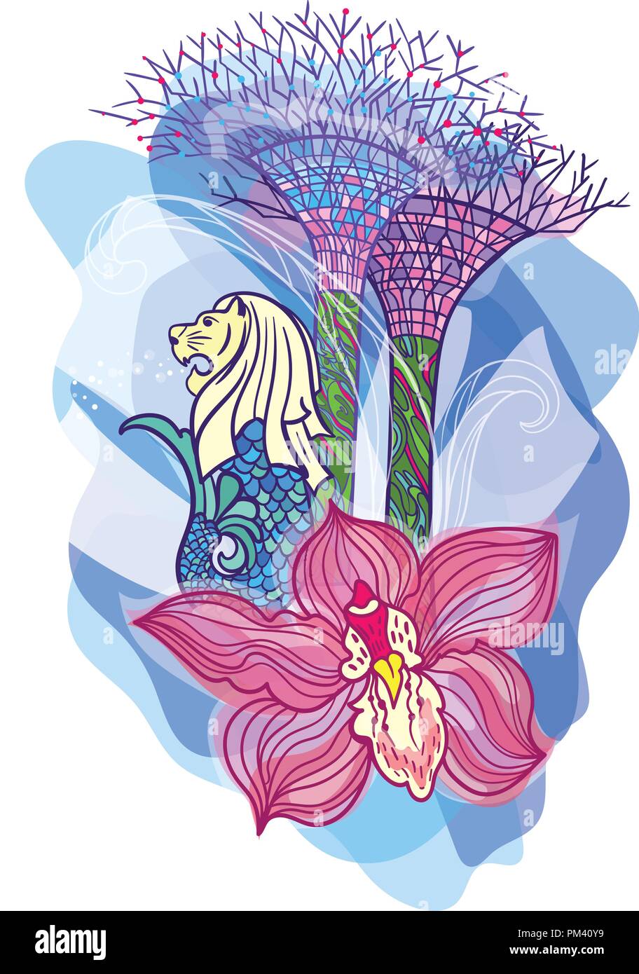 Print with orchid flower, merlion and Gardens by the Bay on transparent blue backdrop Stock Vector