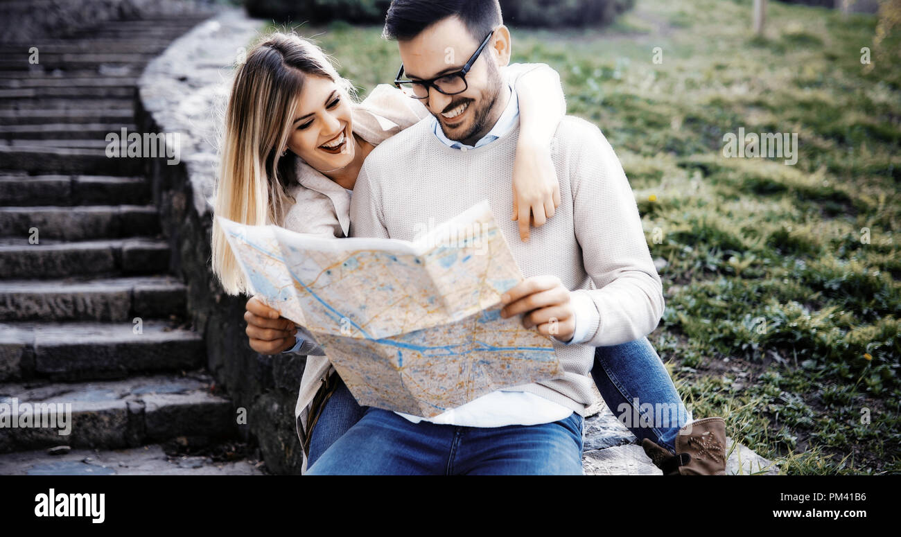 Beautiful tourist couple in love traveling and sightseeing Stock Photo