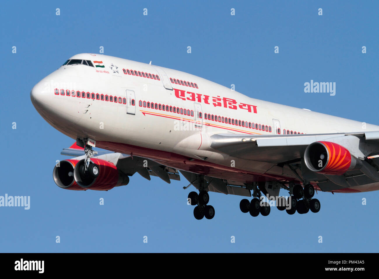Air India Boeing 747-400 jumbo jet long haul airliner on approach. Closeup front view. Stock Photo
