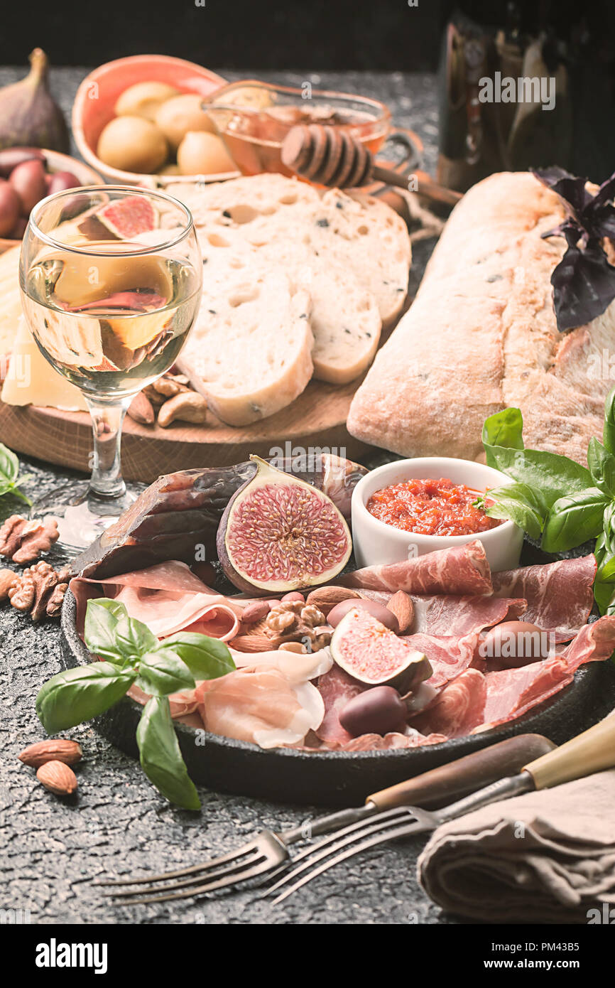 Italian antipasti wine snacks set Stock Photo Alamy