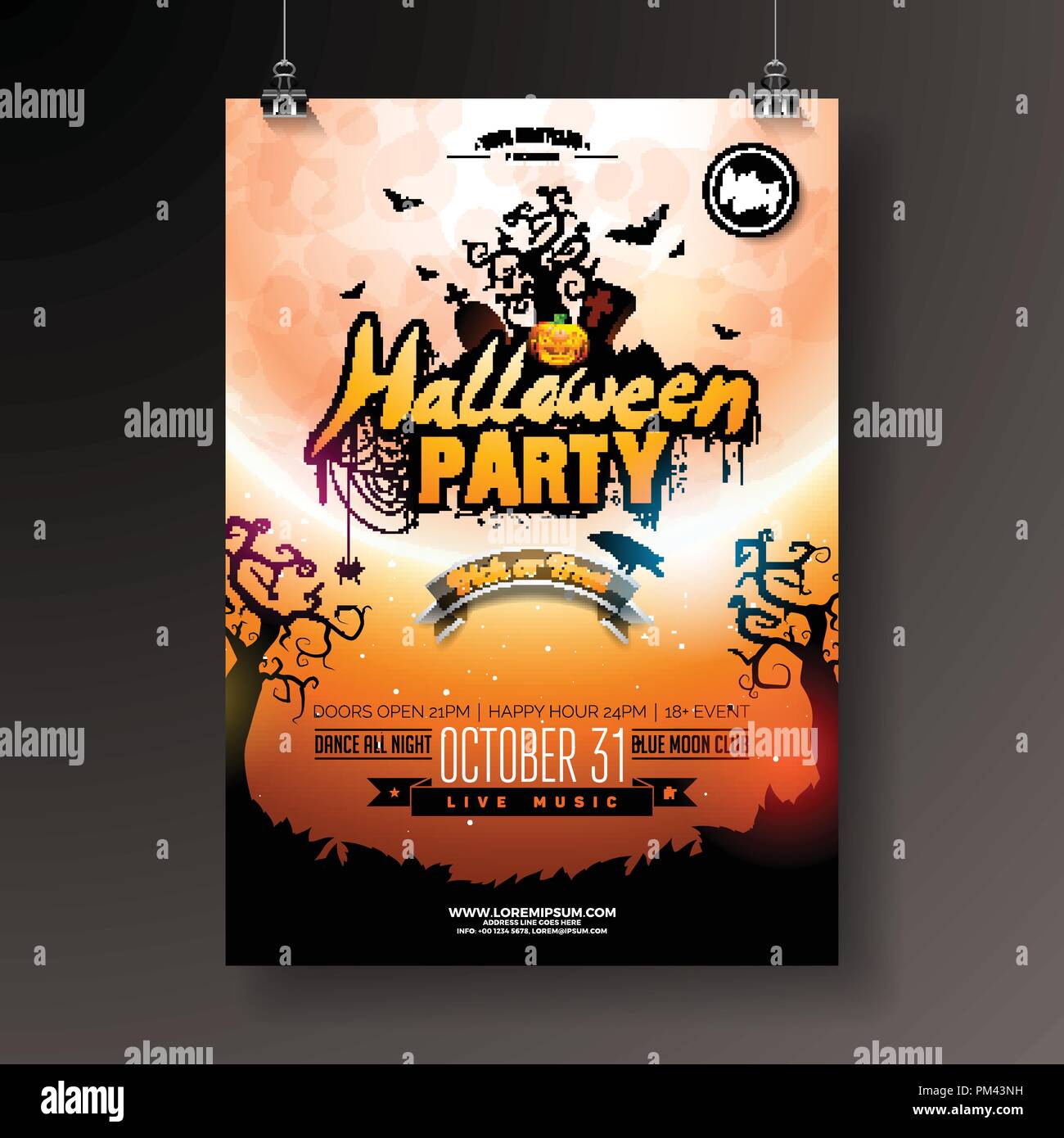 Halloween Party flyer vector illustration with pumpkin and bats on mysterious moon background. Holiday design template with spiders and cemetery for party invitation, greeting card, banner or celebration poster. Stock Vector