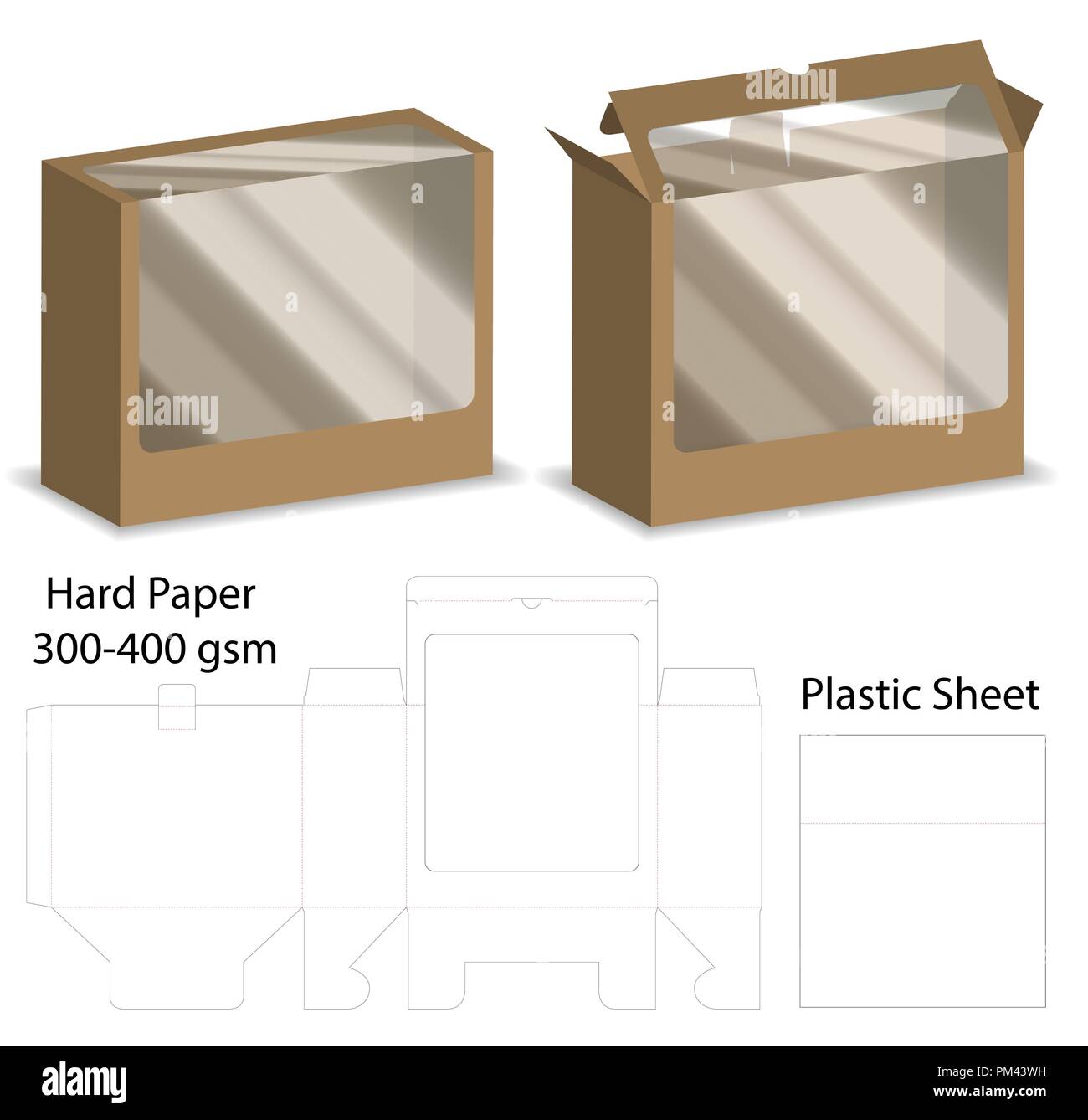box with plastic window mockup with dieline Stock Vector
