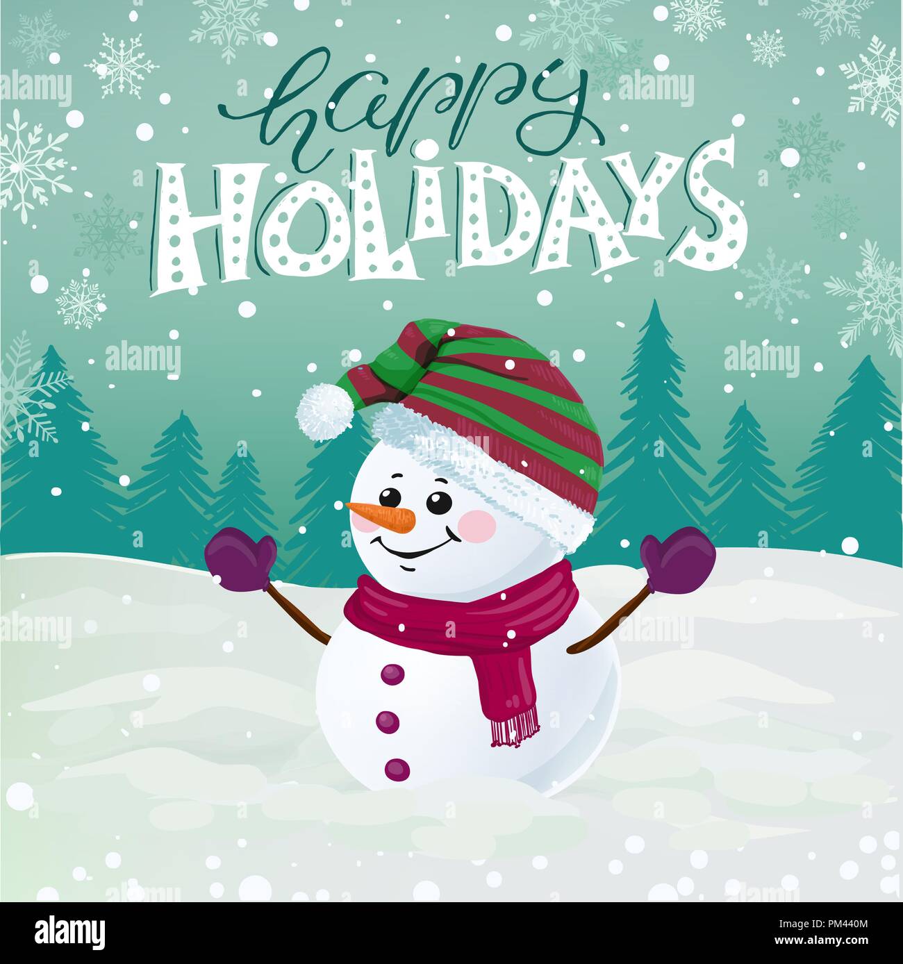 Funny snowman in hat, scarf and mittens on snowy background with holiday lettering.  Happy Holidays vector illustration. Stock Vector