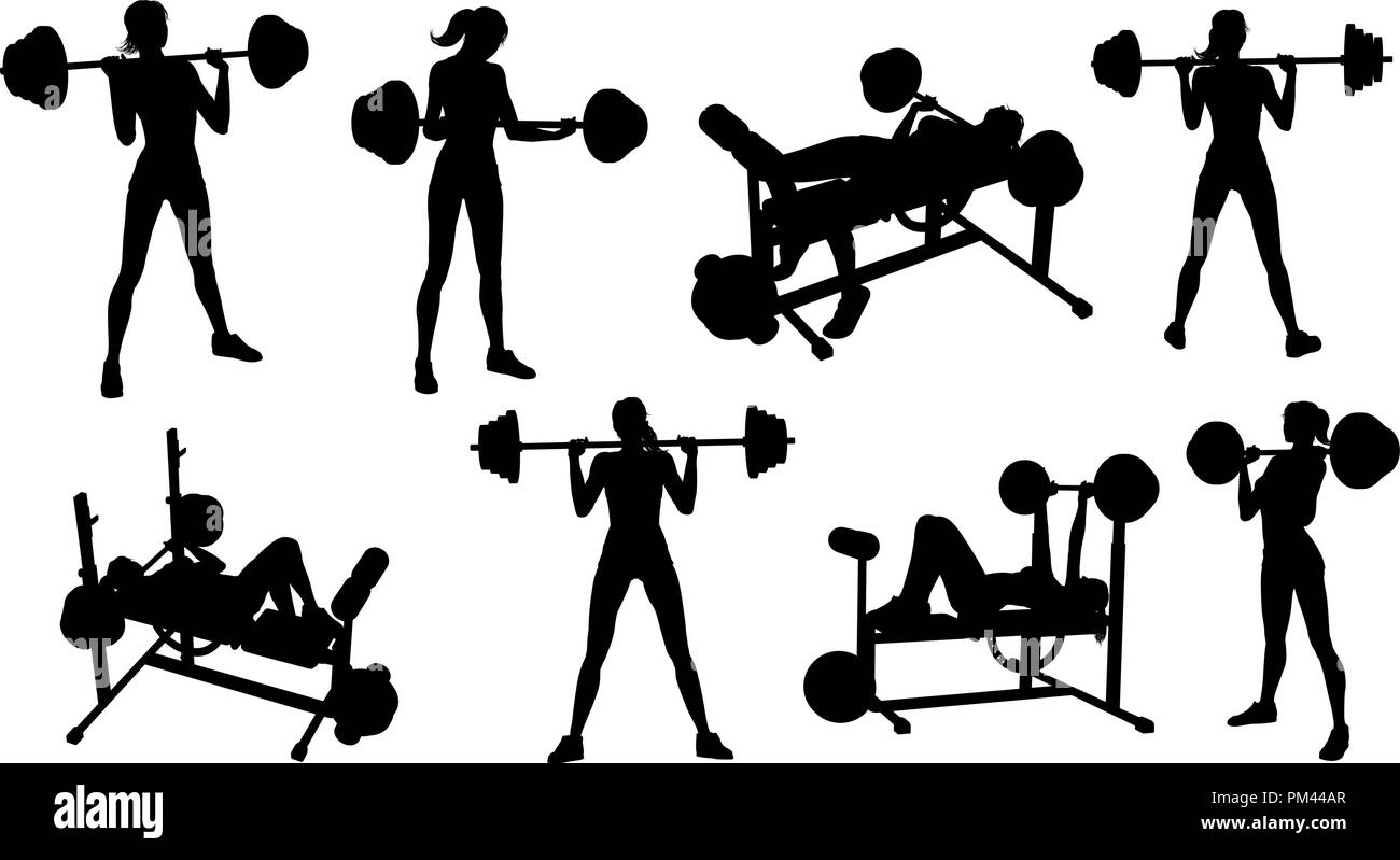 Gym Fitness Equipment Woman Silhouettes Set Stock Vector