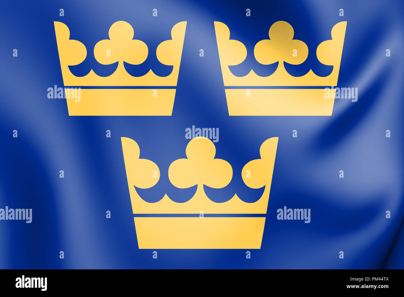 3D Sweden coat of arms. Three Crowns. National Emblem of Sweden. 3D Illustration. Stock Photo