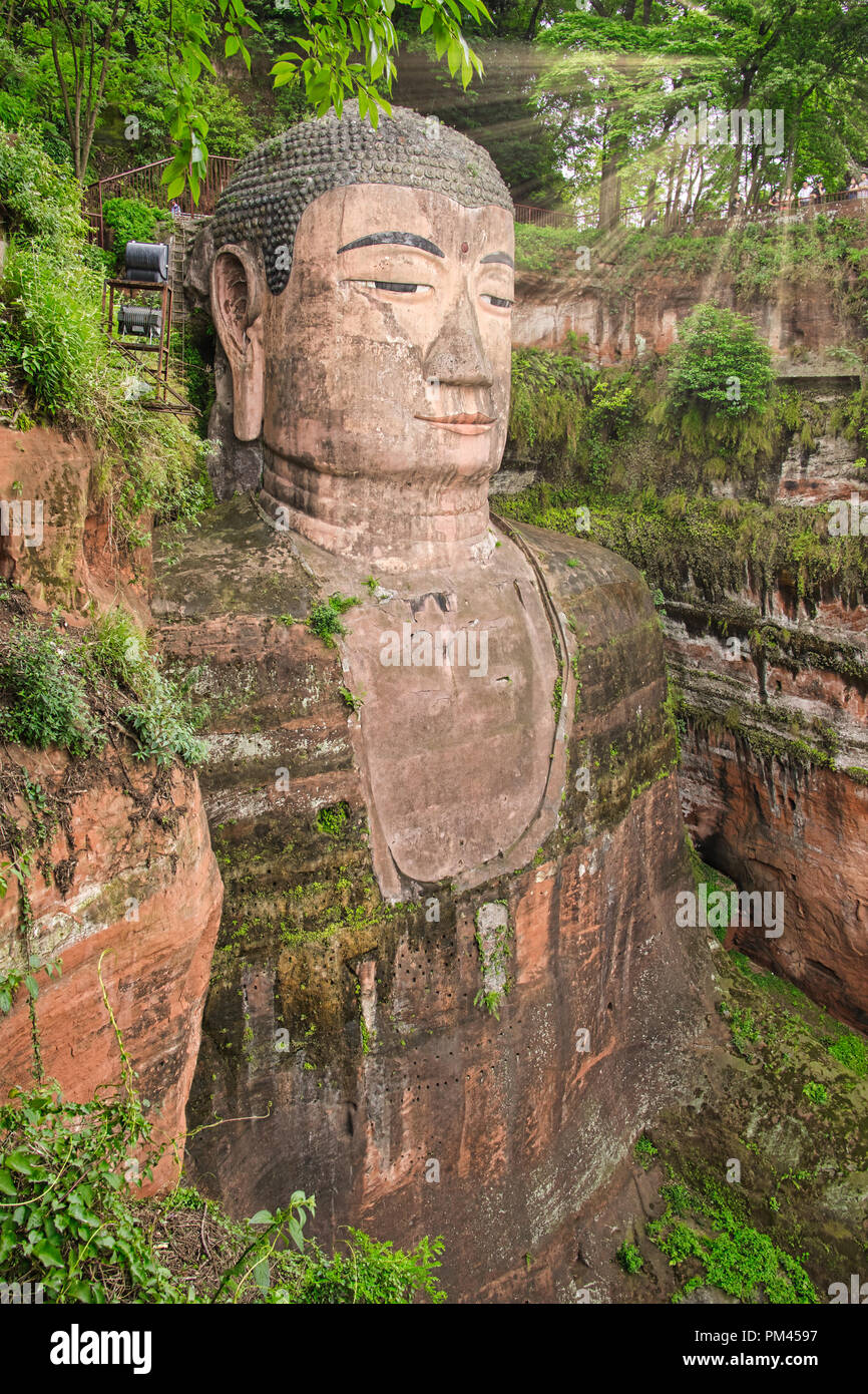 Leshan Giant buddha is a 71 metre tall stone statue. It's an ever-present in the city's storied heritage. The splendor of ancient wonders. Stock Photo