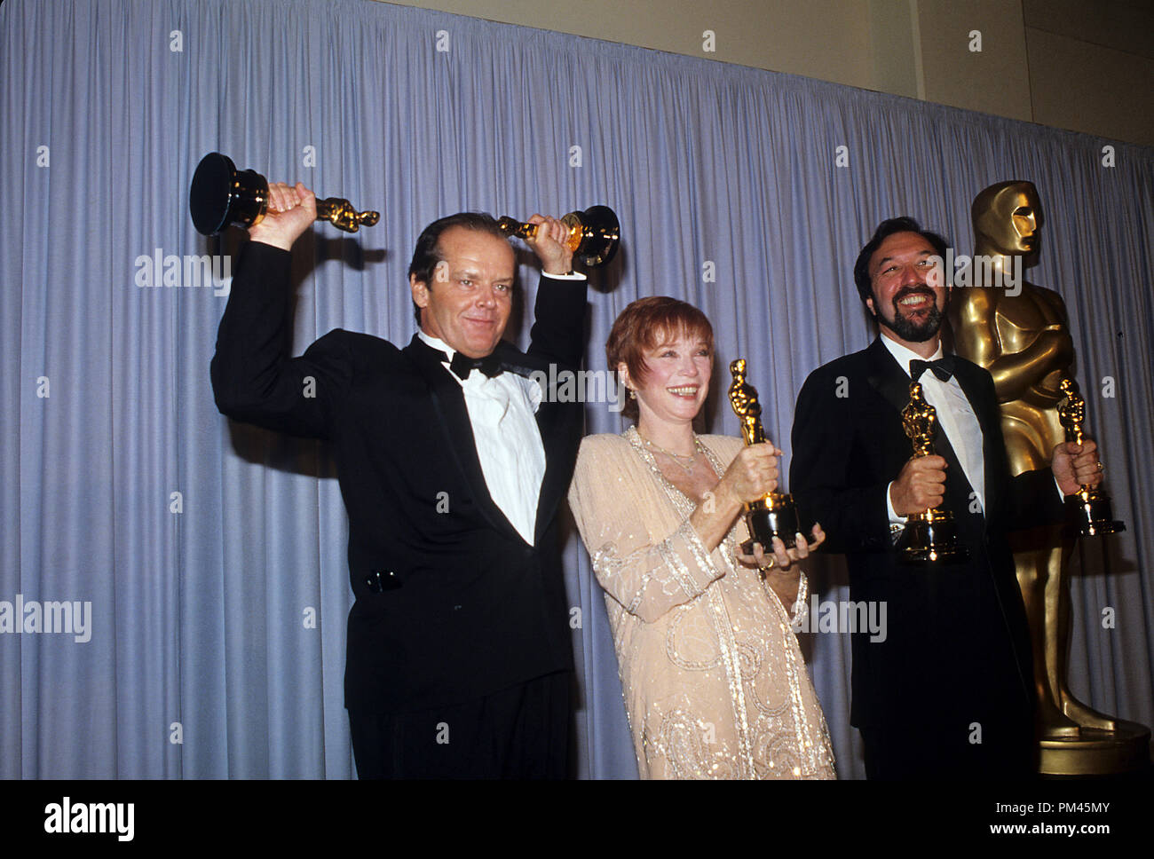 Jack Nicholson, Shirley MacLaine, and James L.  Brooks, Academy Award Winners for 'Terms of Endearment' April 9,1984. File Reference #1038 014THA © JRC /The Hollywood Archive - All Rights Reserved. Stock Photo