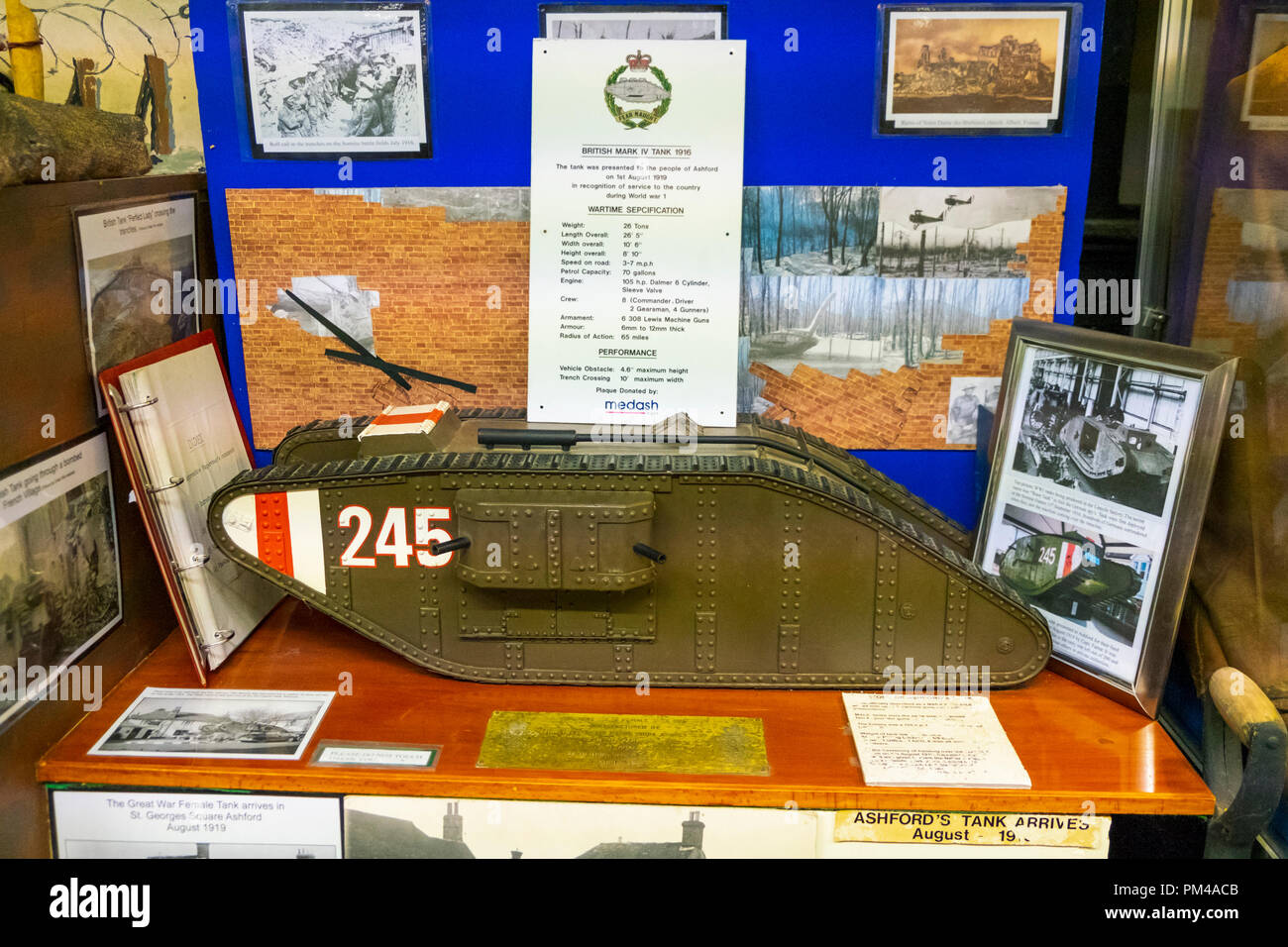 British mark IV female 1st world war WWI tank 1916 replica, ashford museum, kent, uk Stock Photo