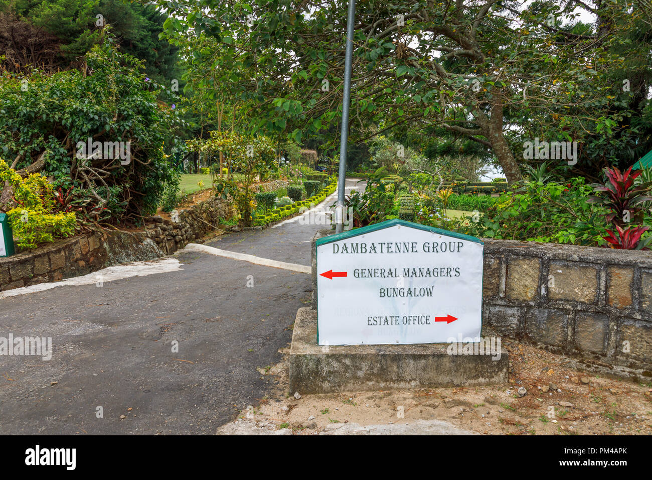 Dambatenne Group direction sign at the entrance to the garden to the General Manager's Bungalow (Lipton's Bungalow), Haputale, Uva District, Sri Lanka Stock Photo