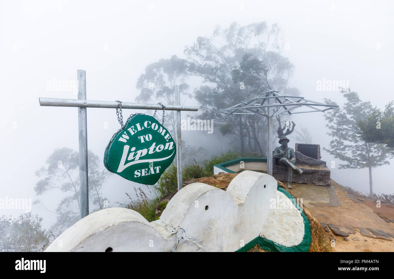 Welcome to Lipton Seat sign at Lipton's Seat, a high observation point in the tea plantation hills, Dambethenna, Haputale, Uva Province of Sri Lanka Stock Photo