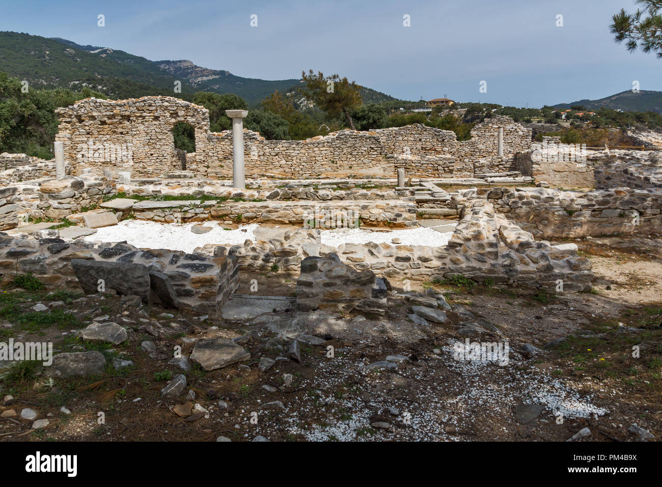 Columns in Ruins of ancient church in Archaeological site of Aliki ...
