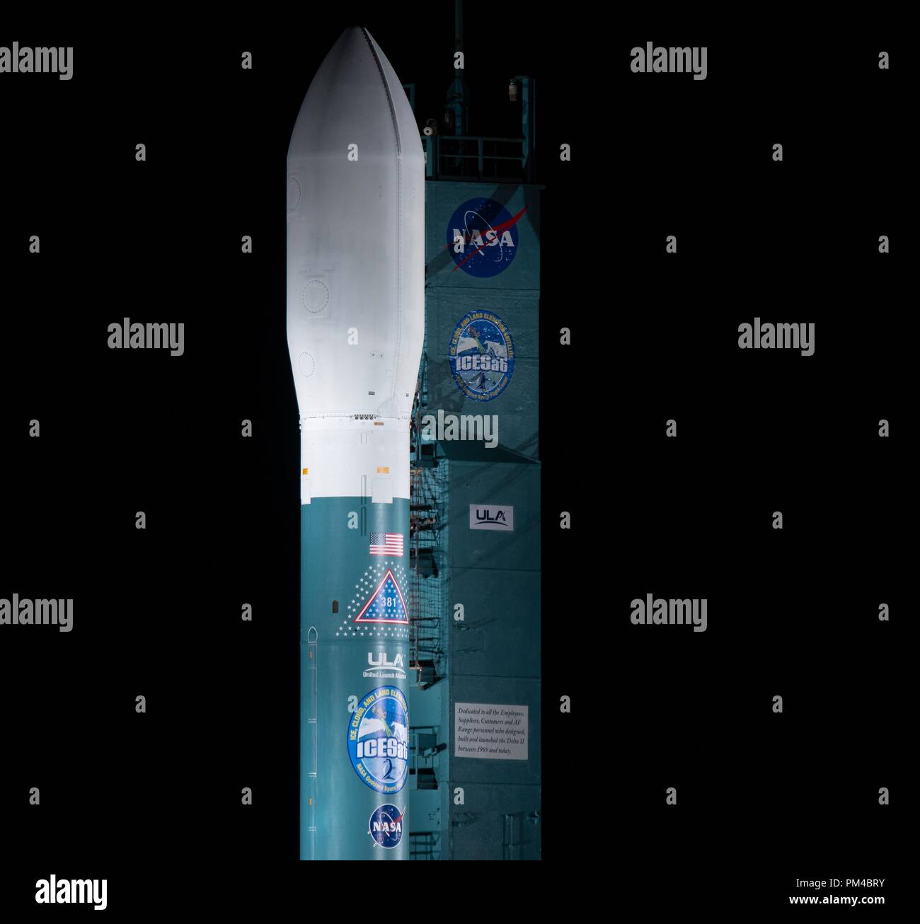 A United Launch Alliance Delta II rocket carrying the NASA Ice, Cloud and Land Elevation satellite or ICESat-2 shortly before liftoff from Vandenberg Air Force Base September 15, 2018 in Lompoc, California. The ICESat-2 mission will gather date that can precisely track changes of terrain, including glaciers, sea ice and forests. Stock Photo