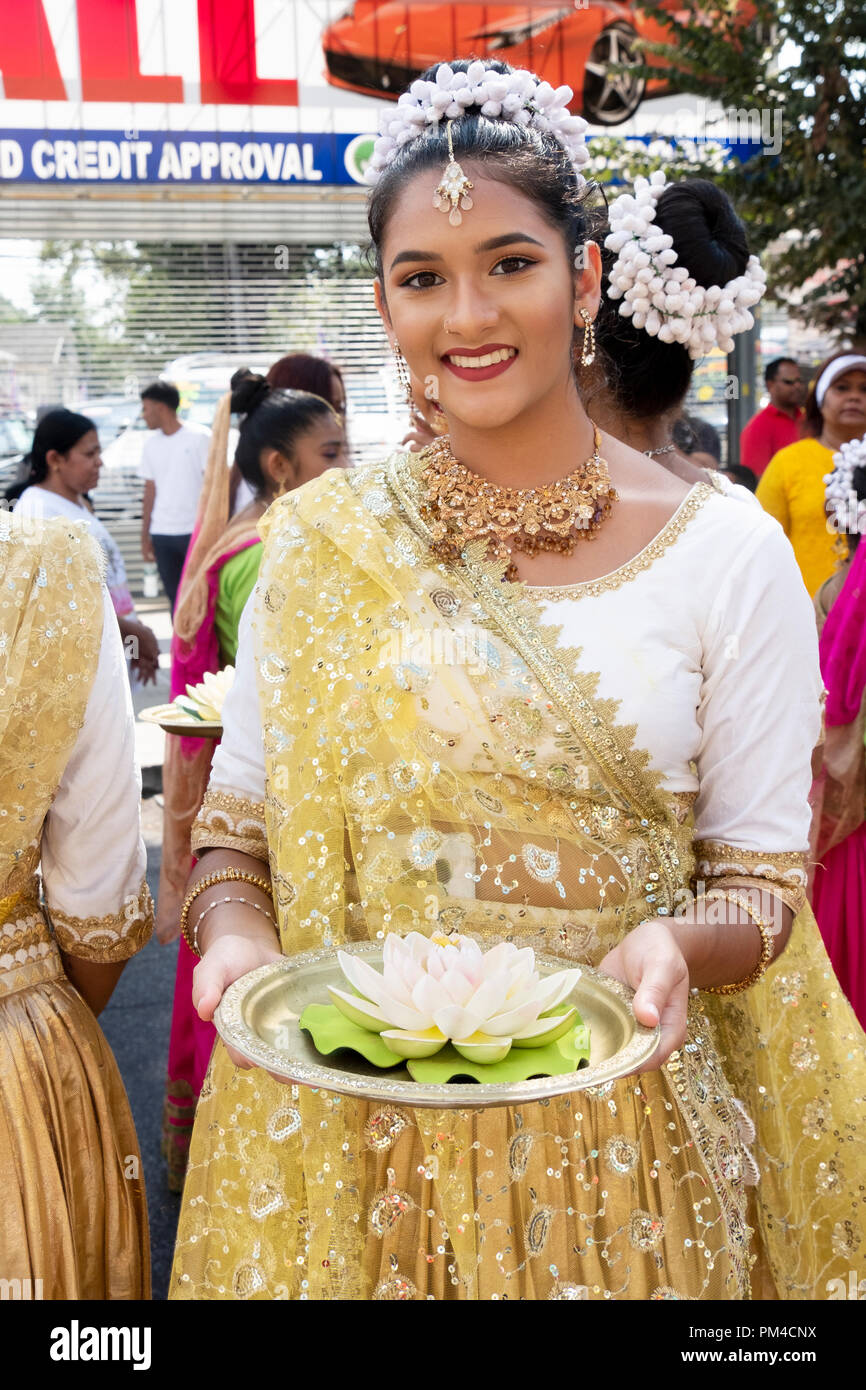 A beautiful young Hindu marcher at the 2018 Madrassi Parade on LIberty Avenue in South Richmond Hill, Queens, New York. Stock Photo