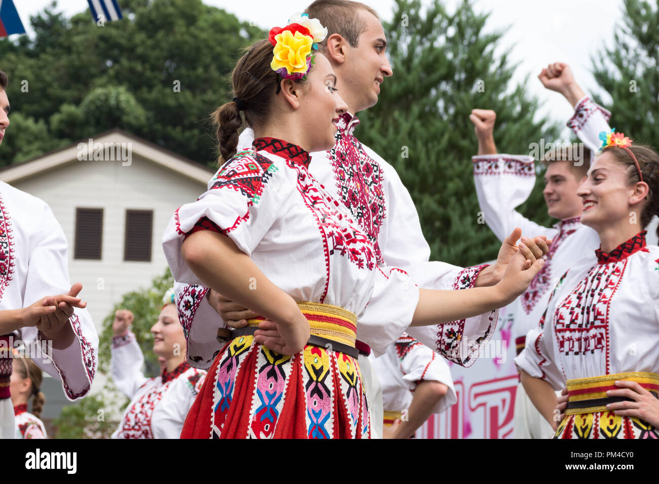Bulgarian dancers in traditional clothes dance Bulgarian Folk dance during Bulgaria Festival in Munakata City, Fukuoka, Japan 2018 Stock Photo