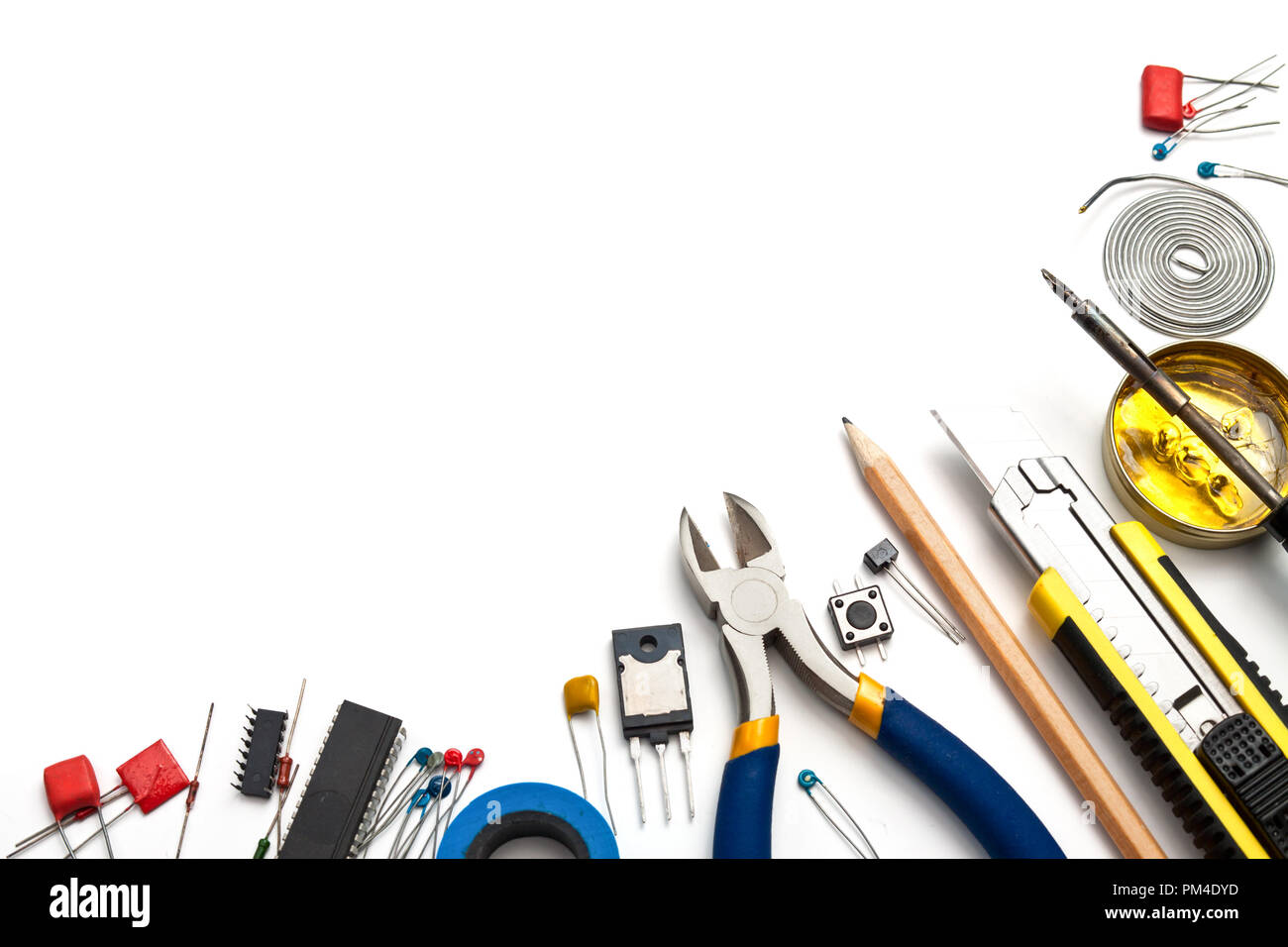 Set of electronic tools and components on white background Stock Photo Alamy