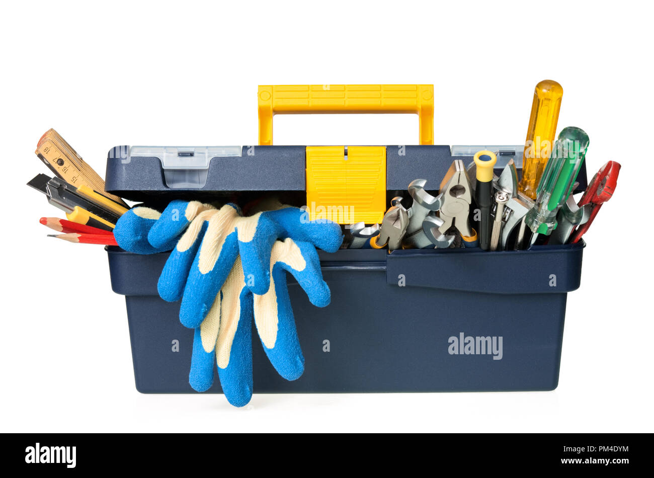 Plastic workbox with assorted tools on white background Stock Photo