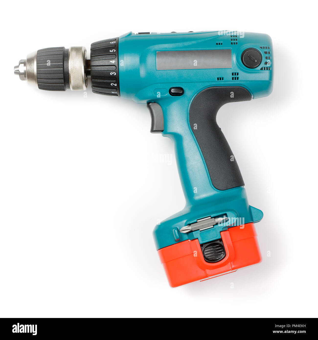 Batterypowered electric drill on white background Stock Photo Alamy