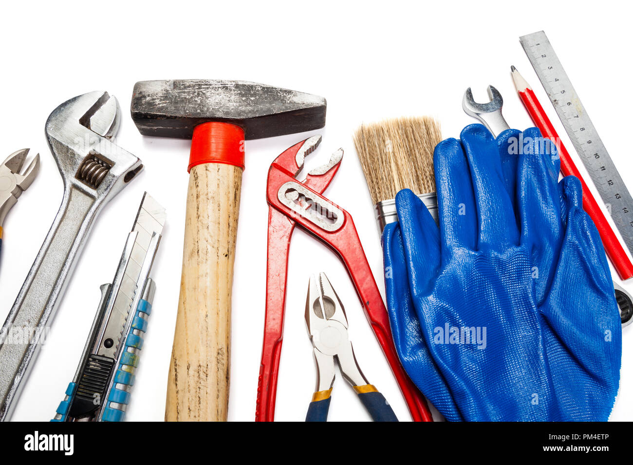 Various old used tools isolated on white background Stock Photo