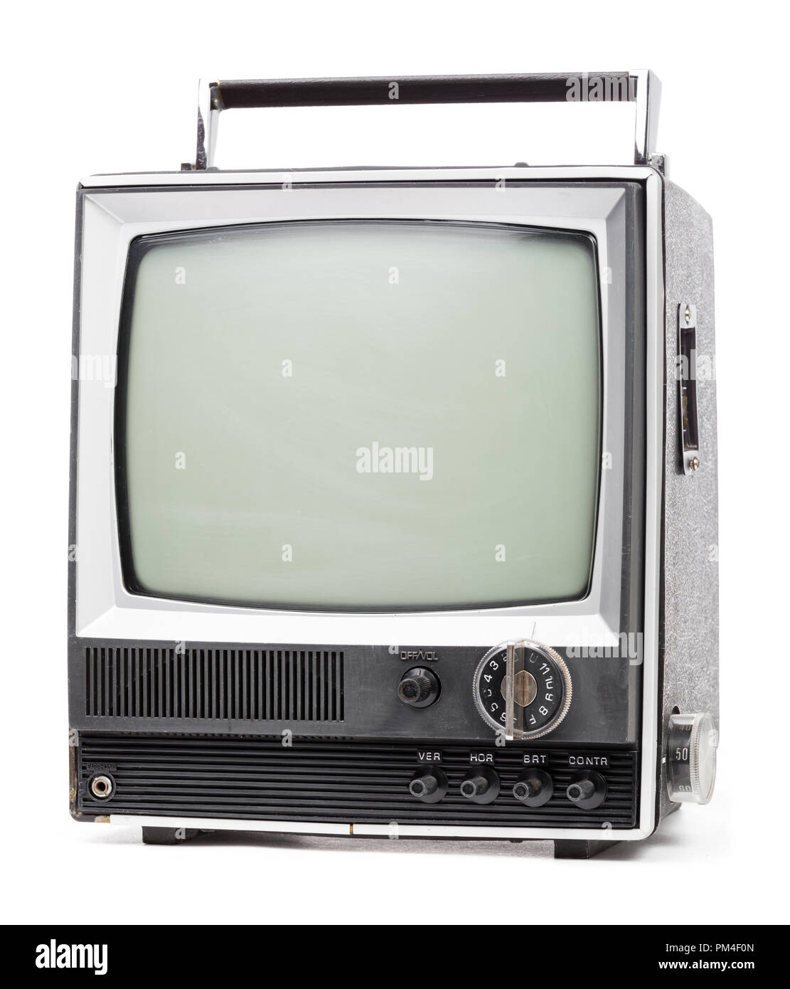 Vintage portable TV set with handle on white background Stock Photo Alamy