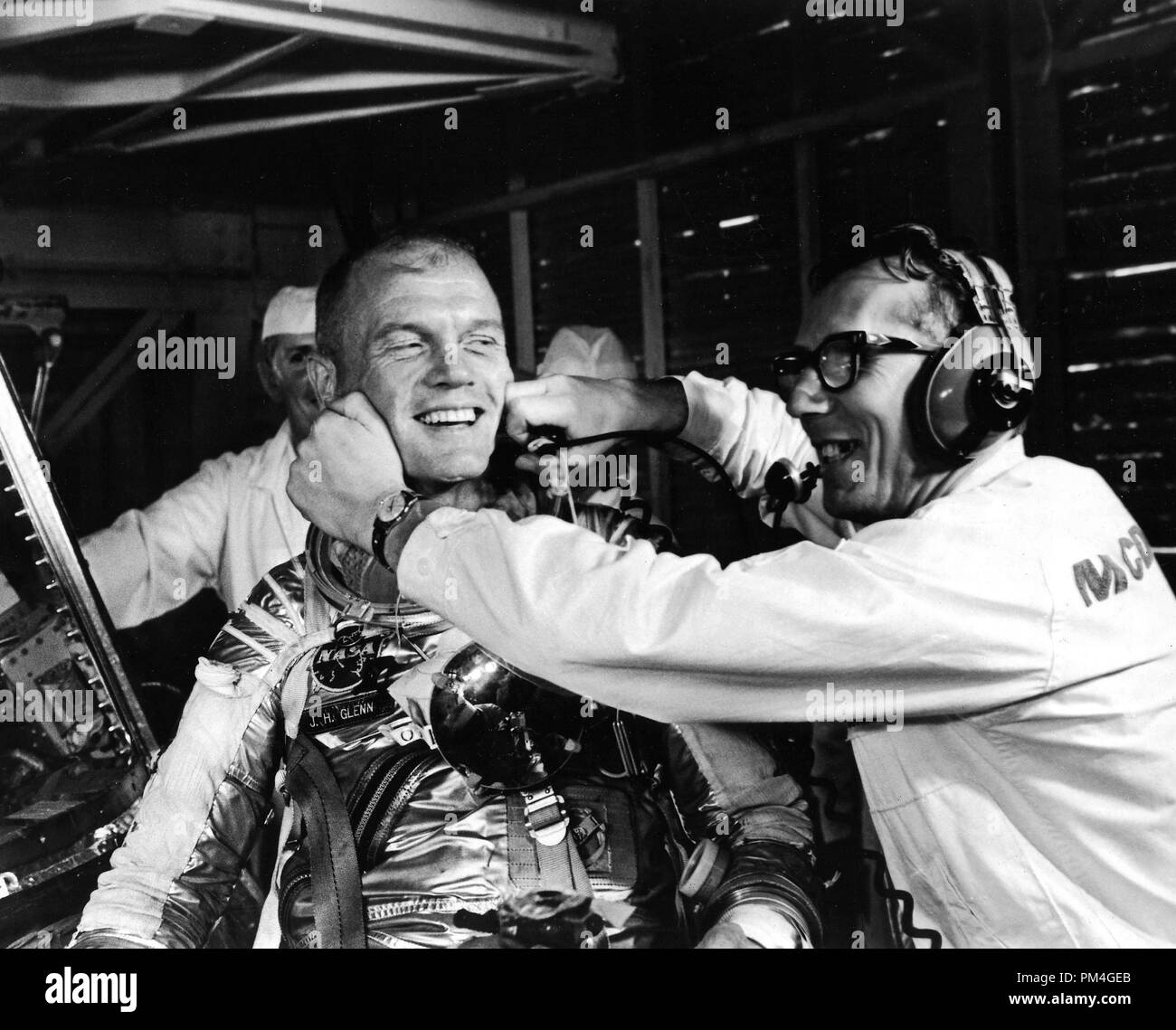Guenter Wendt, the original pad leader for NASA's manned space program, coaxes a smile out of astronaut John Glenn after the MA-6 mission was scrubbed. January 27, 1962 Photo: NASA   File Reference # 1001 013THA Stock Photo