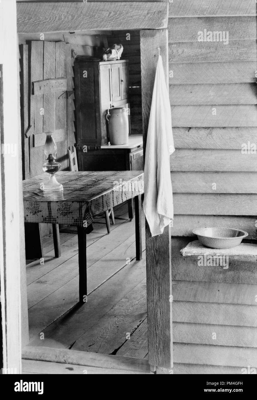 Washstand in the dog run and kitchen of Floyd Burroughs' cabin. Hale County, Alabama, circa 1935.   File Reference # 1002 018THA Stock Photo