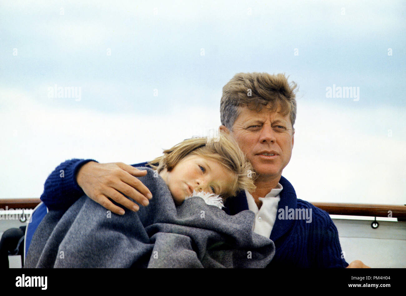 Hyannisport Weekend. Caroline Kennedy, President John F. Kennedy. Hyannisport, MA, aboard the 'Honey Fitz'. 25 August 1963   File Reference # 1003 158THA Stock Photo