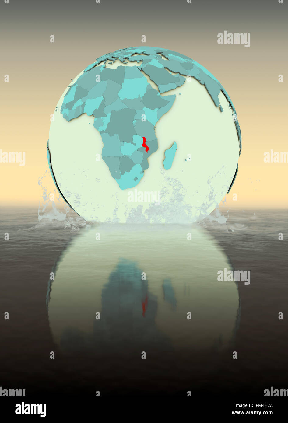 Malawi on globe splashed into the water. 3D illustration. Stock Photo