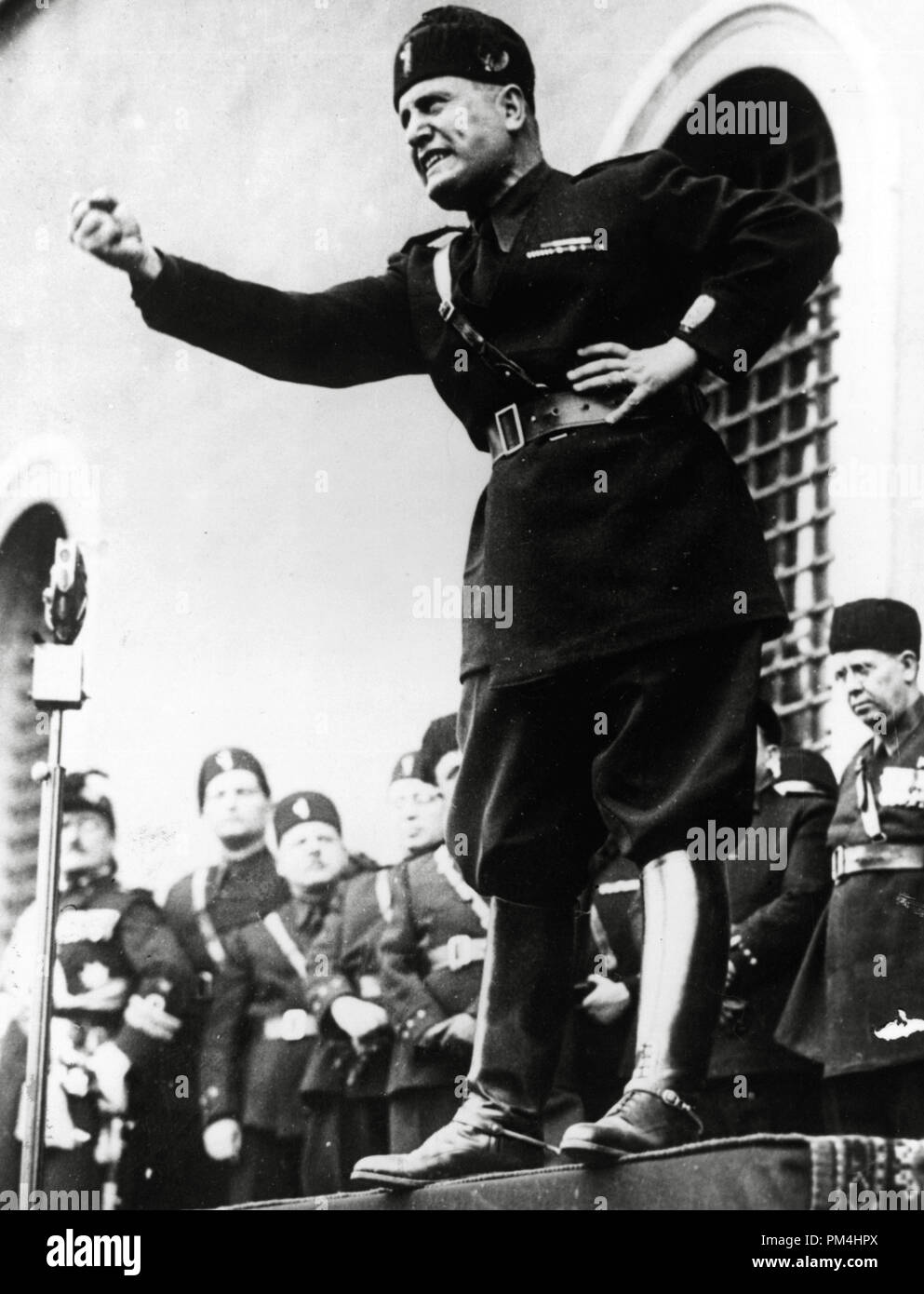 Italian dictator Benito Mussolini shakes his fist during a speech circa 1933.  File Reference # 1003 393THA Stock Photo