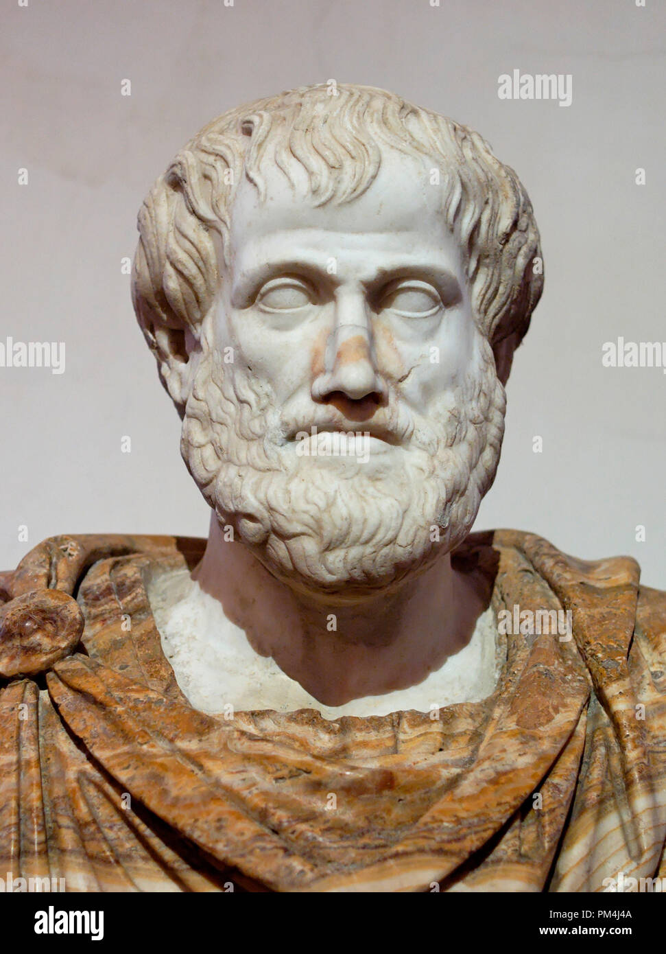 Bust of Aristotle. Marble, Roman copy after a Greek bronze original by Lysippos from 330 BC. Bust is currently at National Roman Museum, Rome Italy   File Reference # 1003 515THA Stock Photo