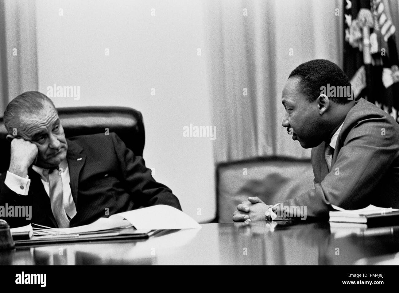 President Lyndon B. Johnson and Rev. Dr. Martin Luther King, Jr. meet at the White House, March 18, 1966  Photo: Yoichi Robert Okamoto   File Reference # 1003 604THA Stock Photo