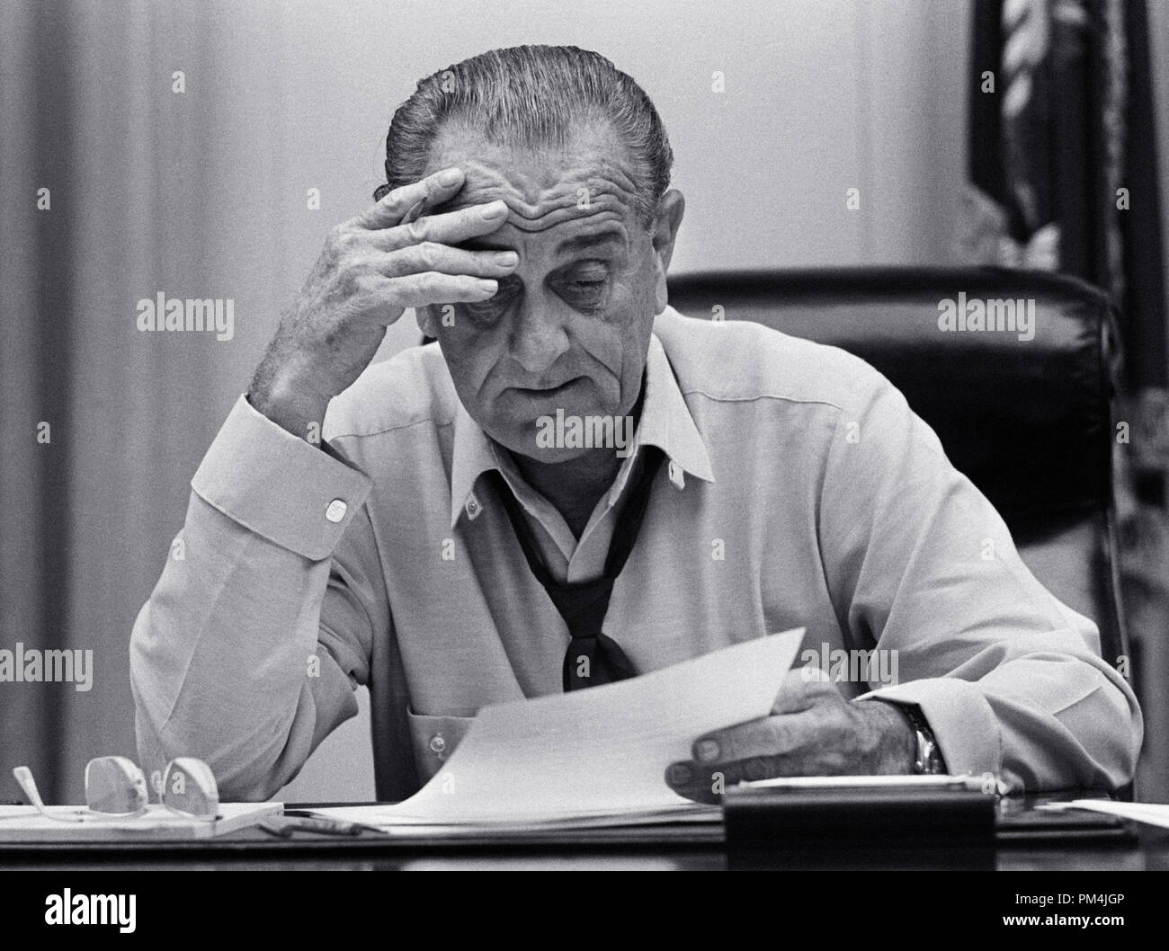 President Lyndon B. Johnson in the Cabinet Room of the White House, preparing an address on Vietnam. October 11, 1968, Washington, DC   File Reference # 1003 755THA Stock Photo