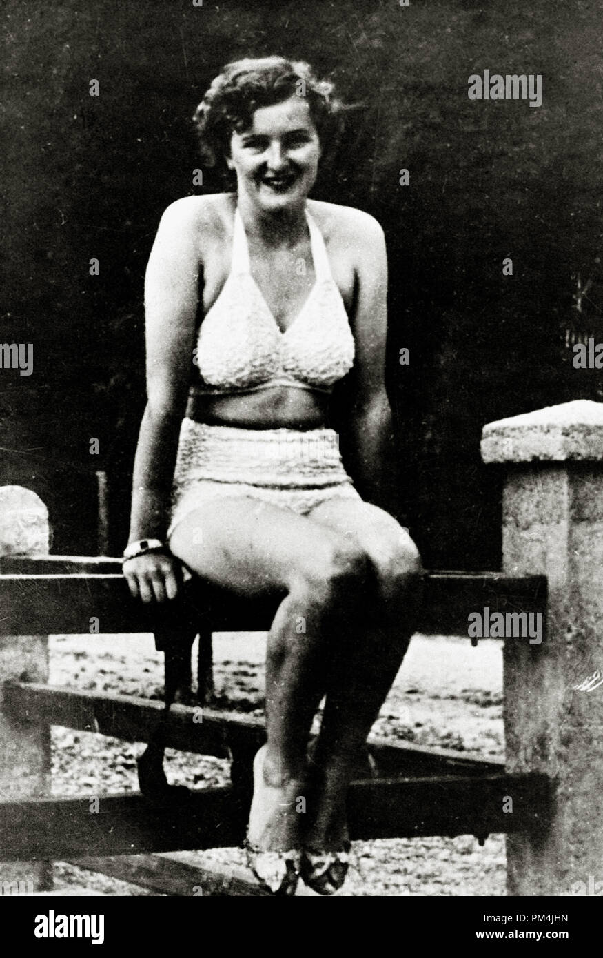 Eva Braun, Adolf Hitler's mistress/wife, in a swimsuit, circa 1938.   File Reference # 1003 781THA Stock Photo