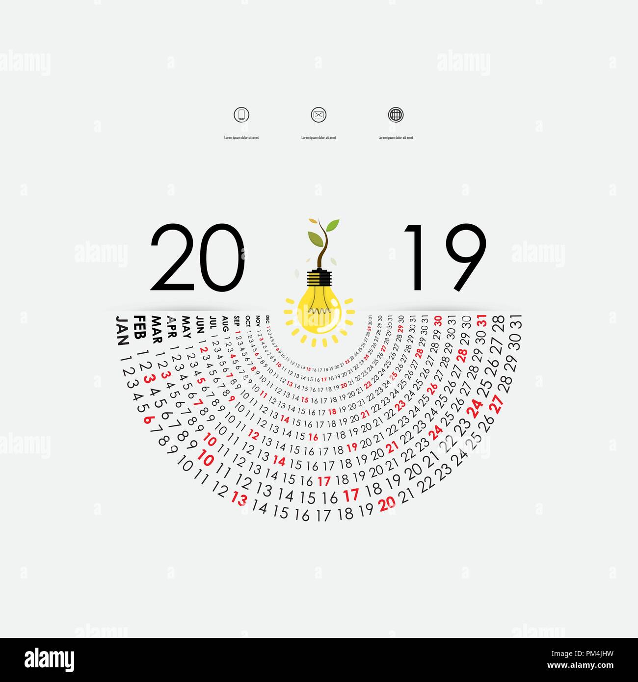 2019 Calendar Template with idea light bulb icon.Semicircle calendar.Calendar 2019 Set of 12 Months.Yearly calendar vector design stationery template. Stock Vector