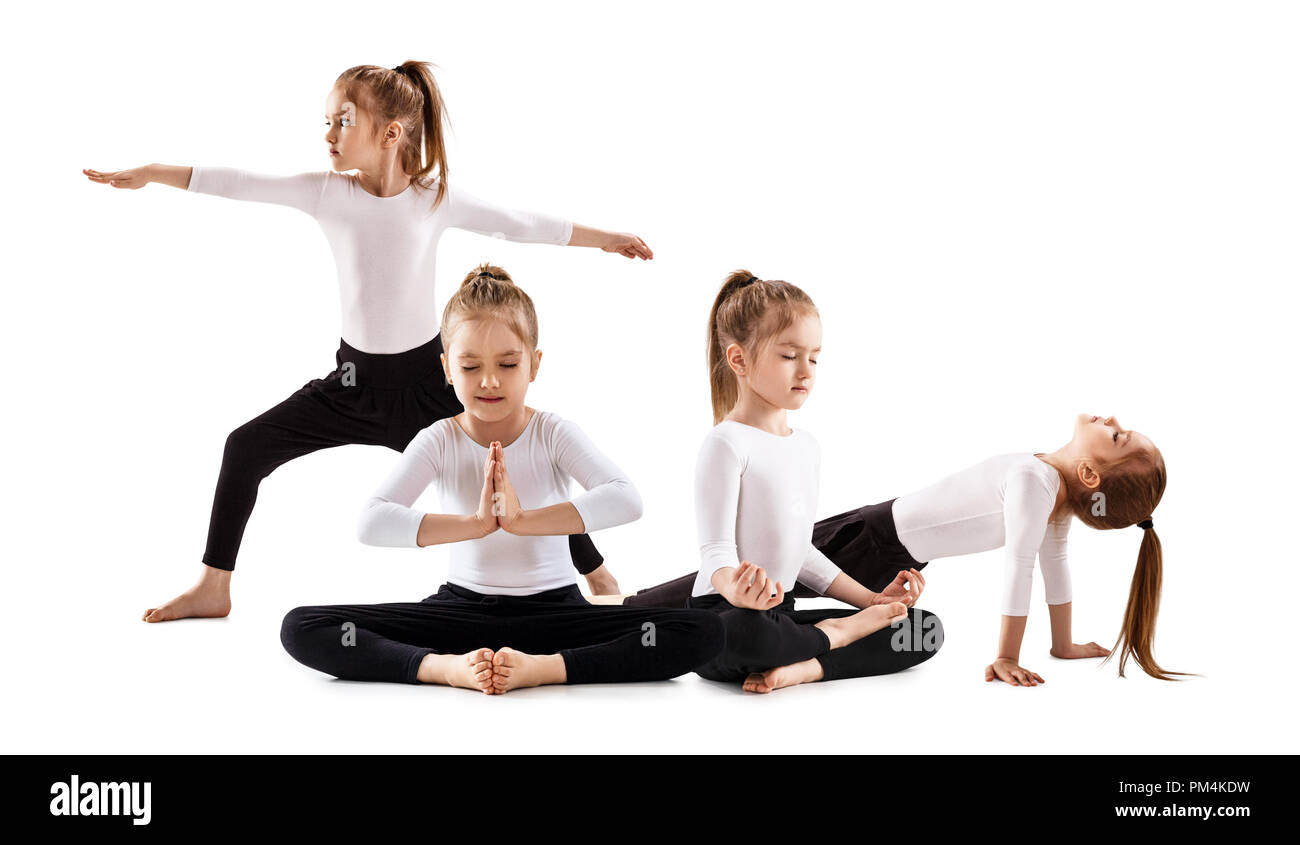 Collage of cute little girl doing yoga exercise. Stock Photo