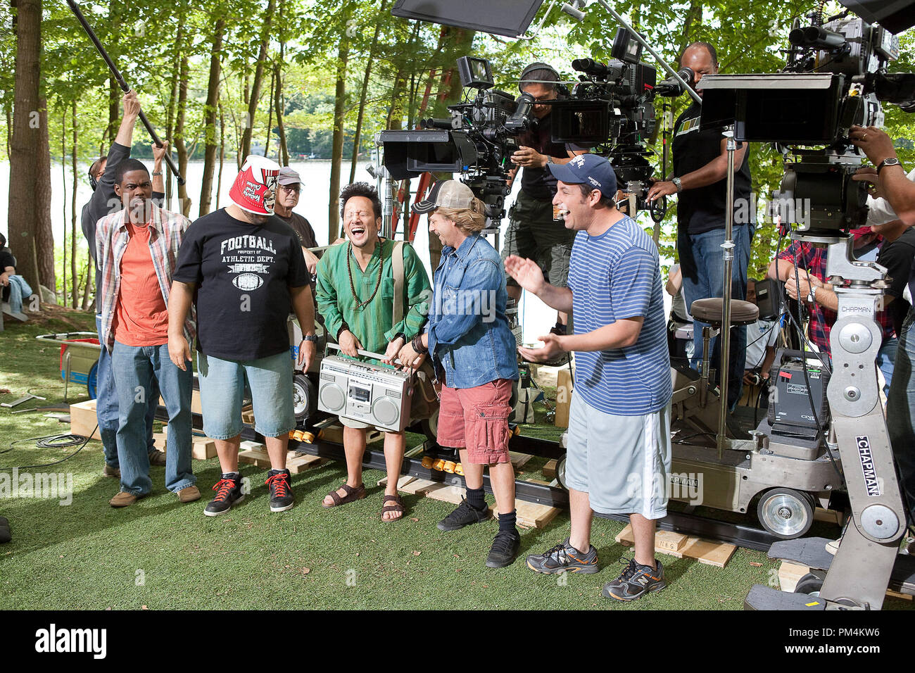 Chris Rock, Kevin James with KFC bucket on his head, Rob Schneider, David Spade and Adam Sandler on the set of Columbia Pictures' GROWN UPS. Stock Photo