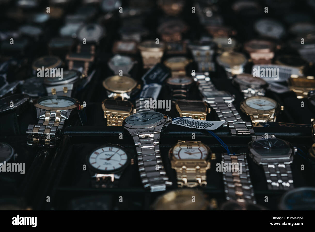 London, UK July 21, 2018 Selection of watches on sale at Portobello Road Market, Notting Hill