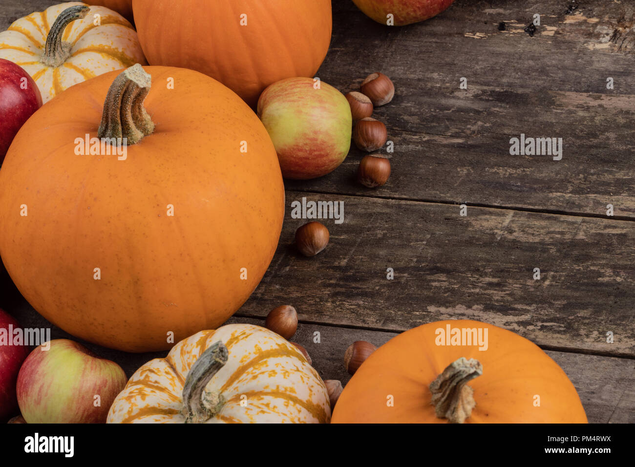 Autumn harvest still life with pumpkins , apples , hazelnuts on wooden ...