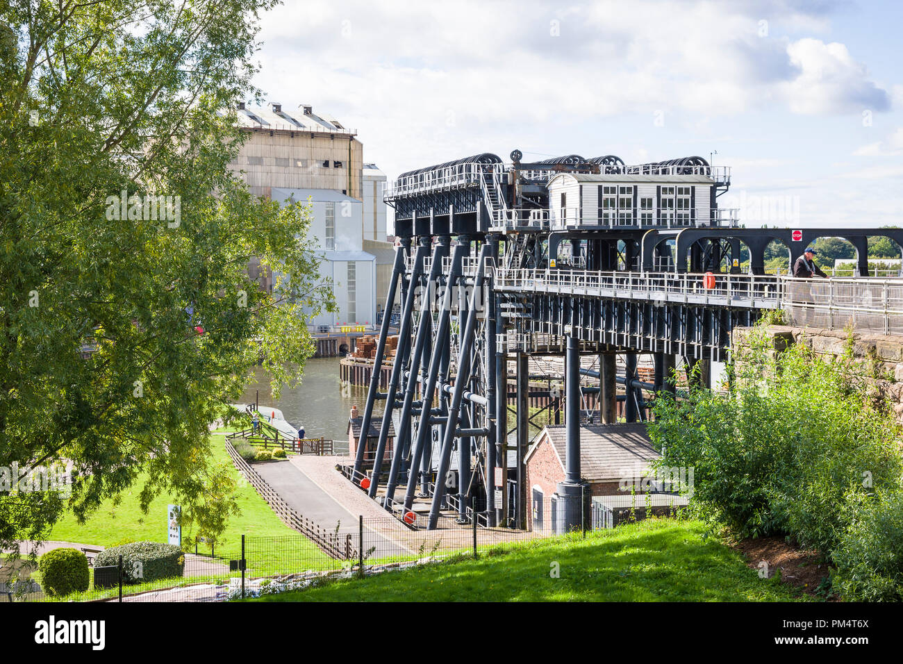 Higher level view of the Anderton Boat lift and River Weaver from the higher ground supporting a spur of the Trent & Mersey canal in Northwich Cheshir Stock Photo