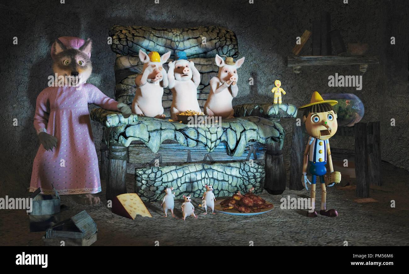 Film Still from 'Shrek 2' Big Bad Wolf,  Three Little Pigs, Three Blind Mice, Gingerbread Man, Pinocchio © 2004 Dream Works Photo courtesy of Dream Works Pictures File Reference # 307351250THA  For Editorial Use Only -  All Rights Reserved Stock Photo