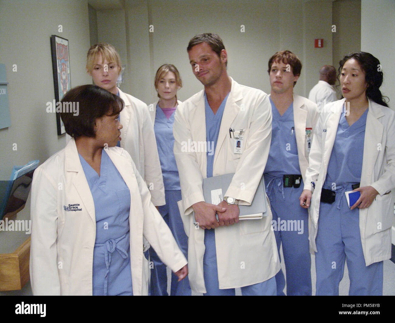 Studio Publicity Still from 'Grey's Anatomy' Chandra Wilson, Katherine Heigl, Ellen Pompeo, Justin Chambers, T.R. Knight, Sandra Oh 2005 Photo by Danny Feld   File Reference # 307362005THA  For Editorial Use Only -  All Rights Reserved Stock Photo